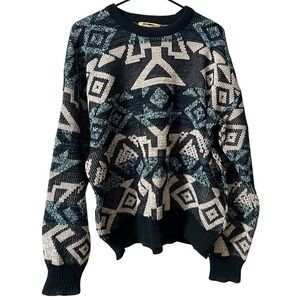 Vintage Expressions Geometric Southwestern Knit Sweater Teal Black Mens Large